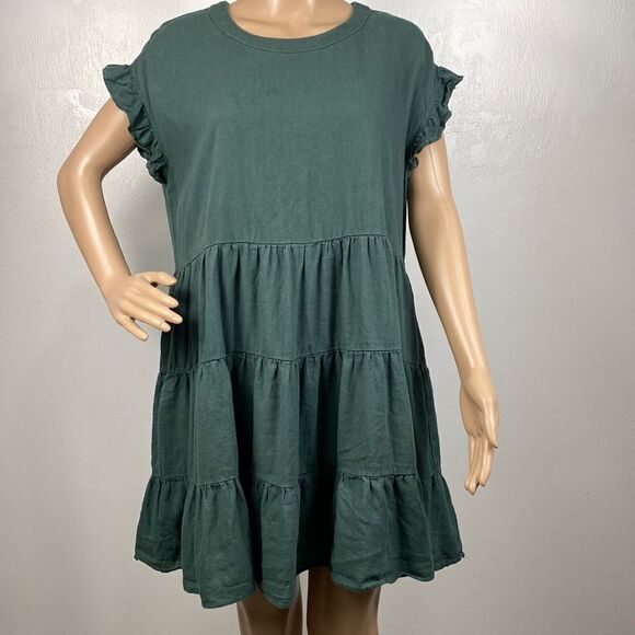 Adyson Parker Green Linen Tiered Shift Mini Dress Size L - Picture 1 of 11